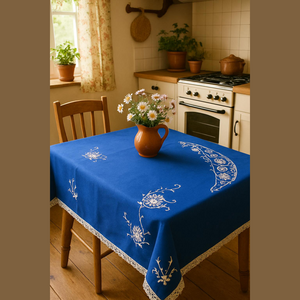 Vintage Embroidered Floral Tablecloth with Crocheted Lace